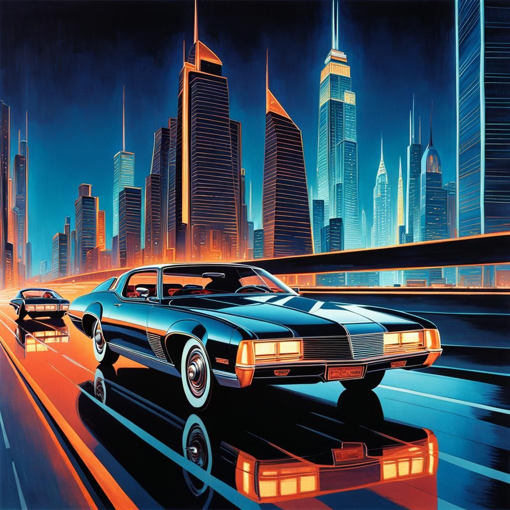 Retro-Futuristic Car Speeds Through Metropolis