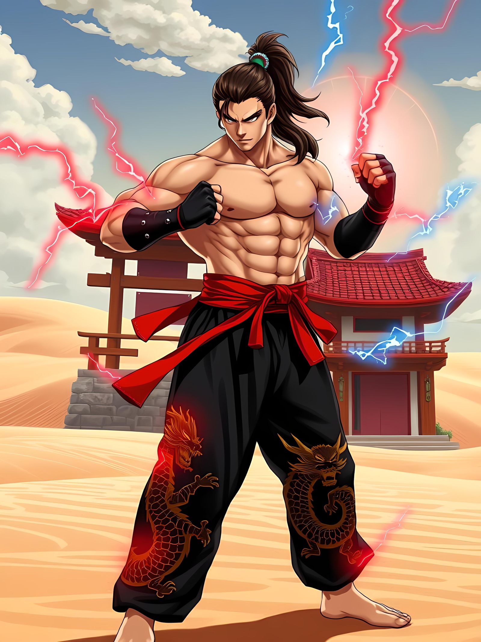 Fierce Fighter on Beach with Red Lightning