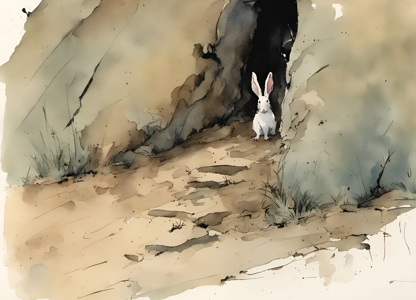 Rabbit Emerges from Burrow in Watercolour Style