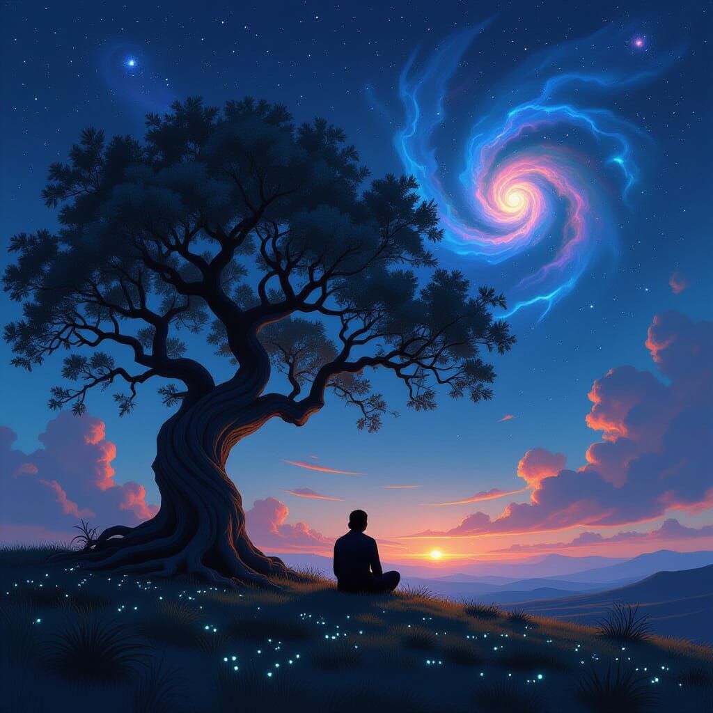 Figure Under Cosmic Tree at Twilight