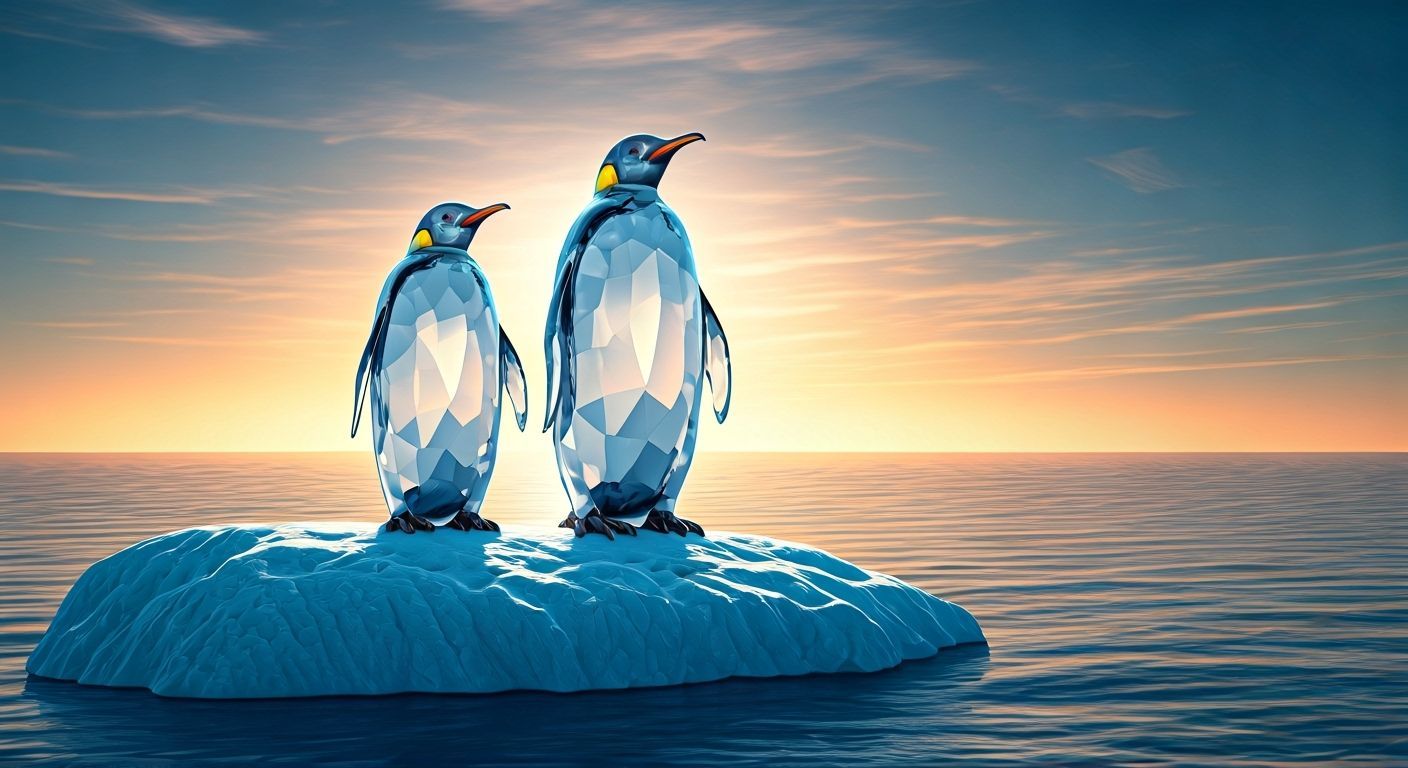 Crystal Penguins on Iceberg in Blue Sea
