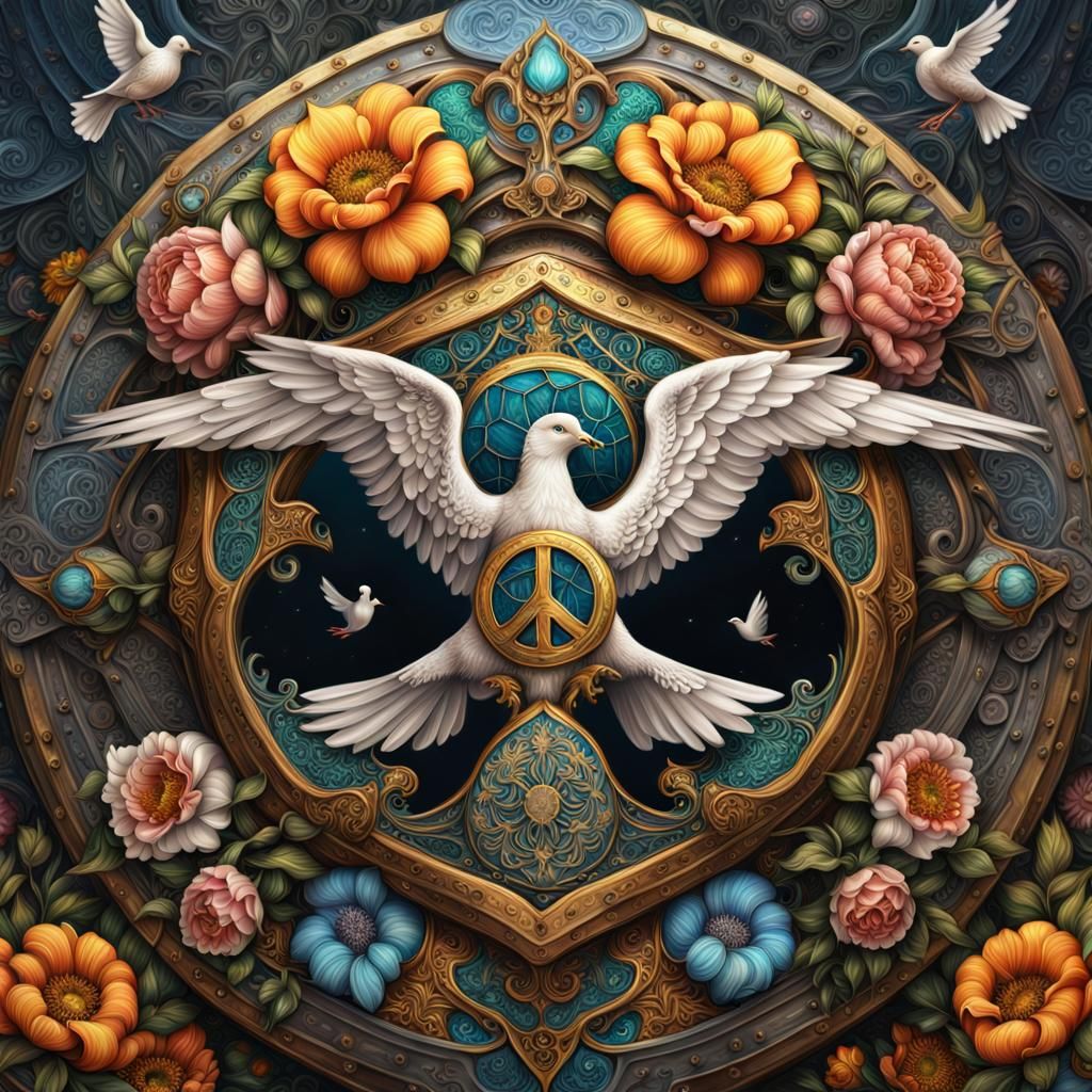 Ornate Peace Shield with Doves and Flowers in Solarpunk Styl...