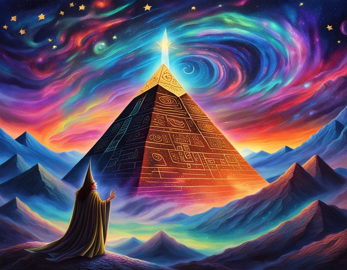 Cosmic Witch Under Starry Pyramid in Surreal Style