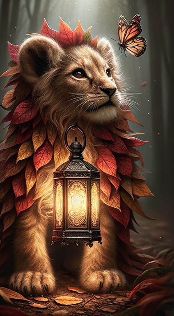 Luminous Miniature Lion Guardian in Autumn Woodland