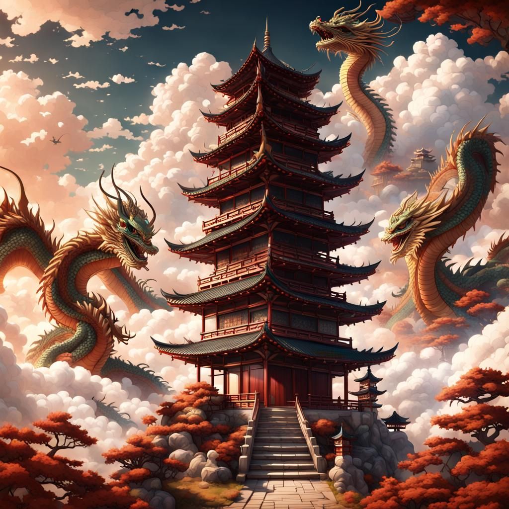 Asian Pagoda with Dragons: Shinhanga Matte Painting