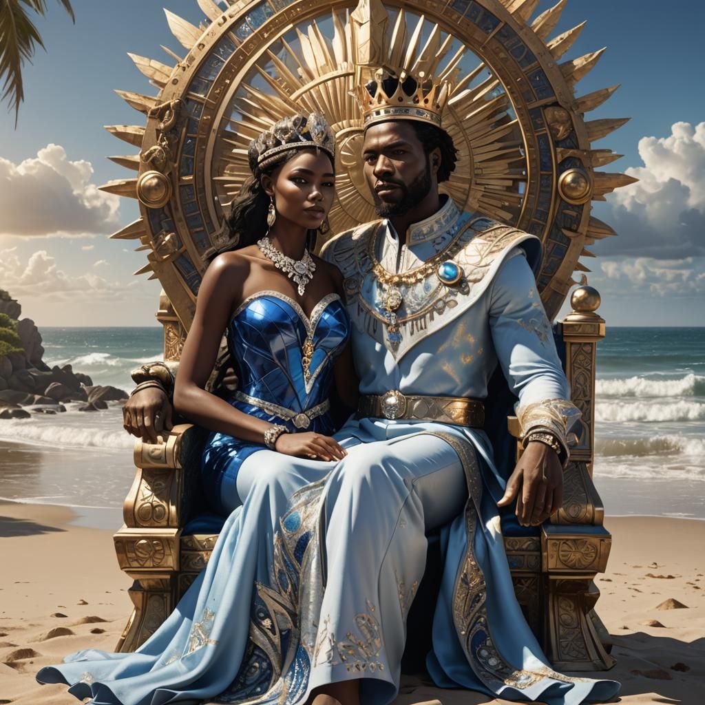 Royal African Couple on Beach Throne: Fantasy Art