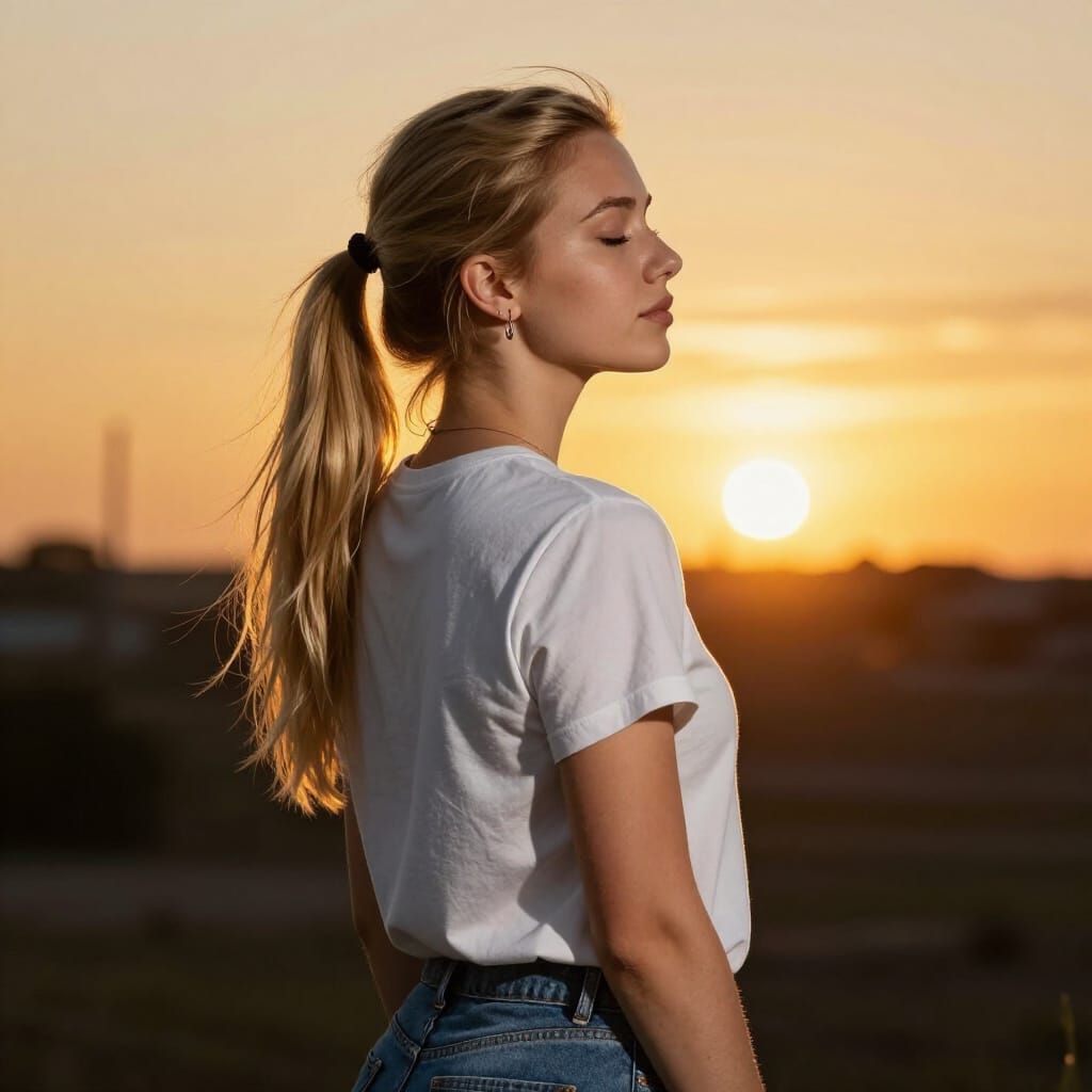 Woman Faces Sun in Yellow Sunset, Hyperrealistic