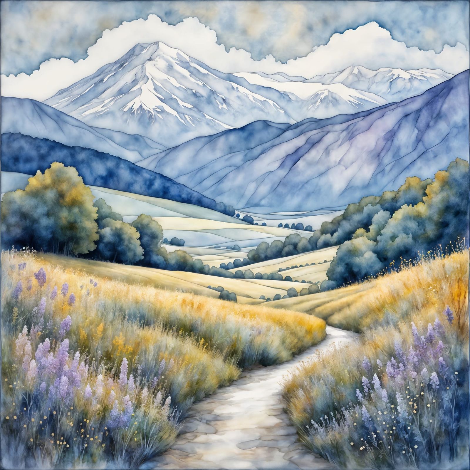 Snow Valley Sunrise with Sparkling Frost and Wildflowers