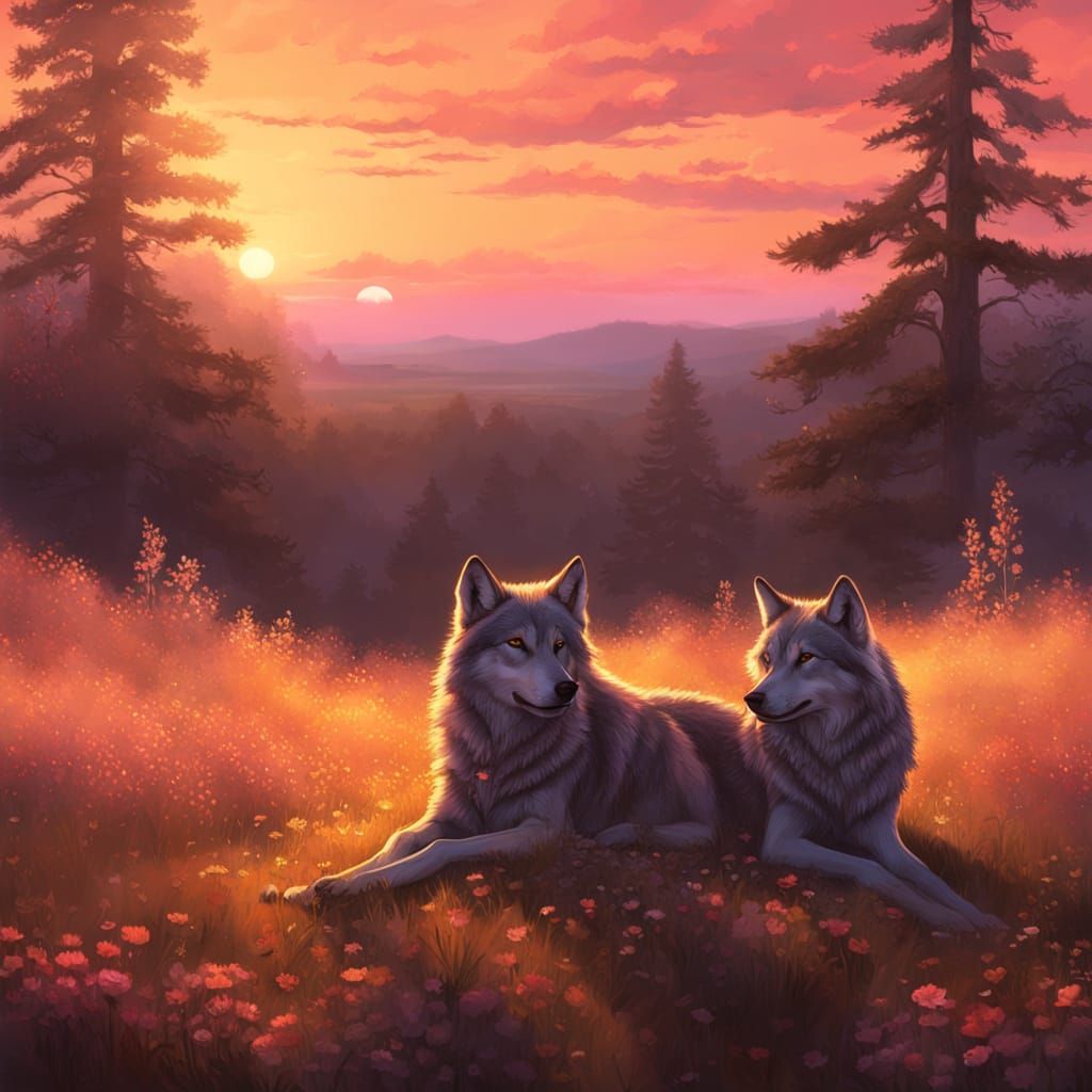 Two Wolves Resting Under Golden Hour Sunset