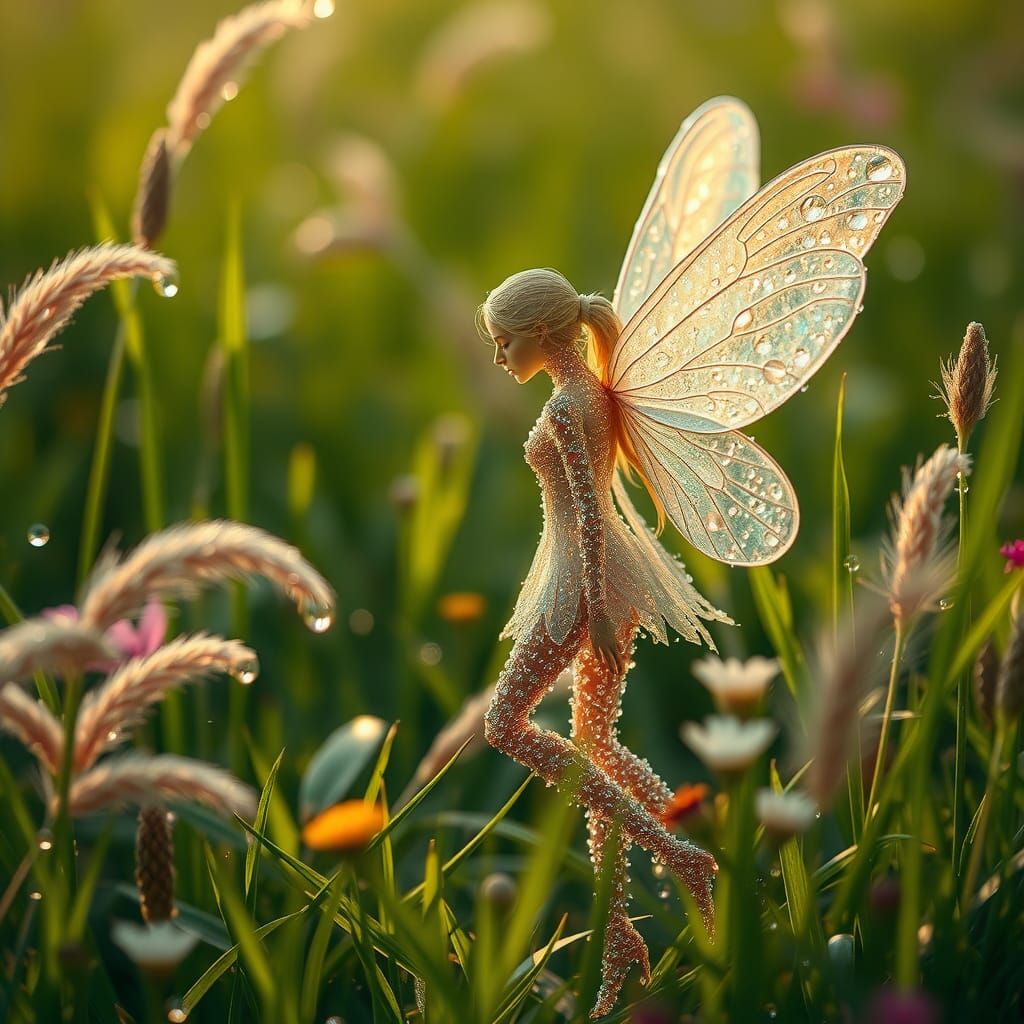 Raindrop Fairy in Lush Meadow, Photorealistic Rendering