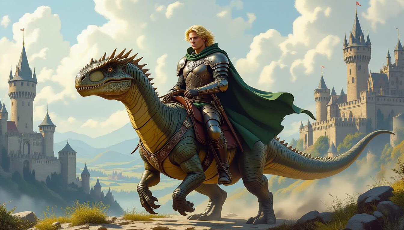 Man Rides Dinosaur in Fantasy Landscape
