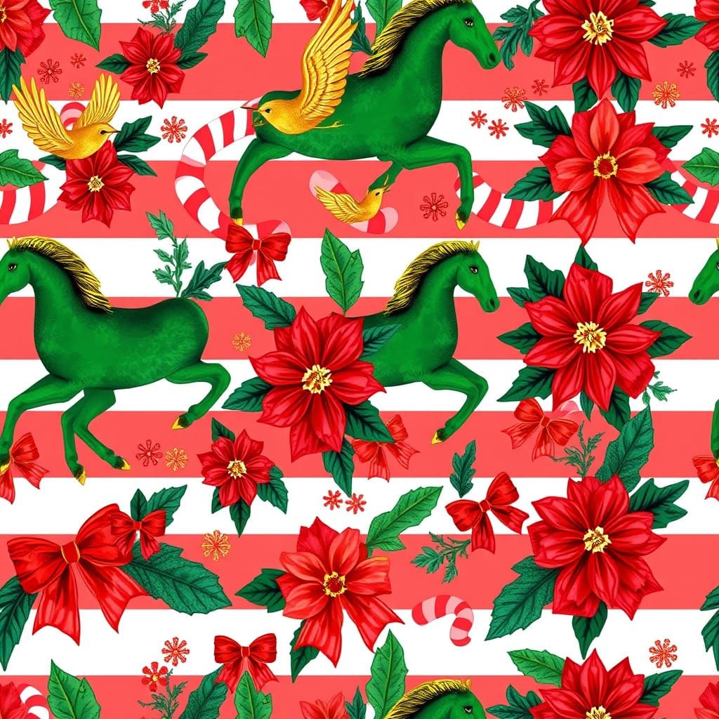 Christmas Pattern: Gold Birds, Horses, Poinsettias & Bows