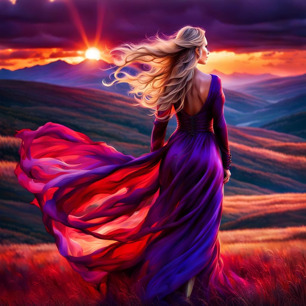 Sunset Winter Mountain: Woman in Purple Dress