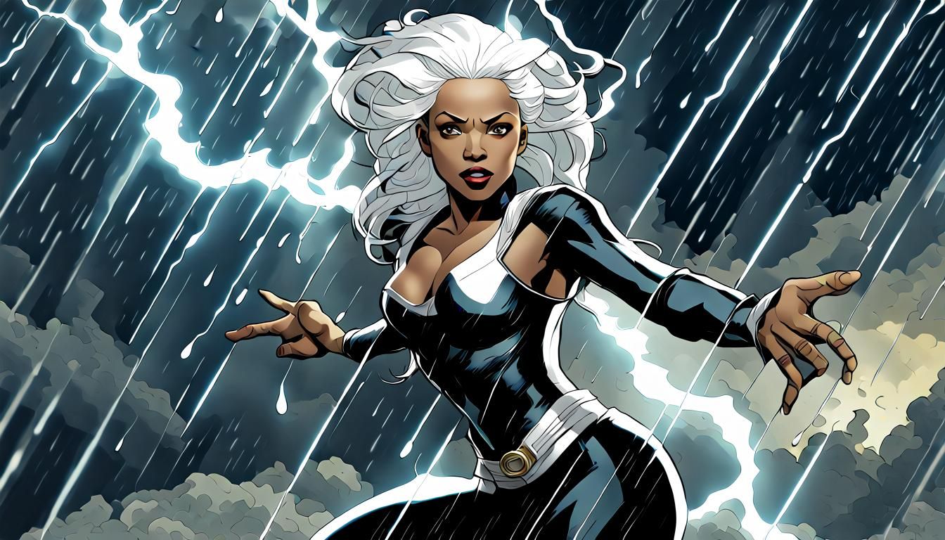 Marvel's Storm Soaring Through a Watercolor Sky