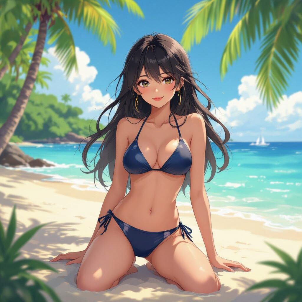 Anime Bikini Beauty on Tropical Beach in Manga Style