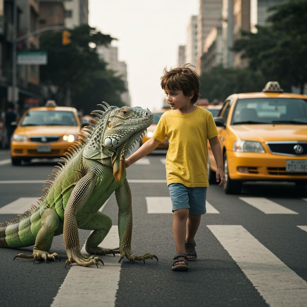 Boy Guided by Iguana Across City Street