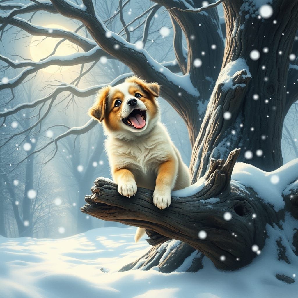 Playful Puppy Catches Snowflakes in Pre-Raphaelite Style