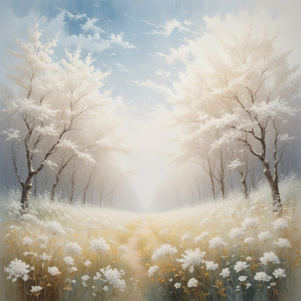 Ethereal White Flower Field with Silvery Sky