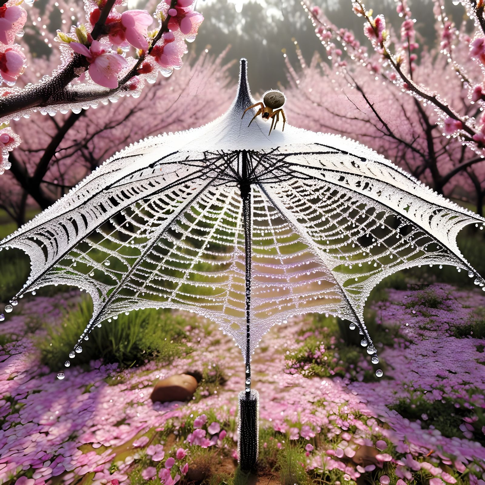 Whimsical Springtime Garden with Umbrella Spider