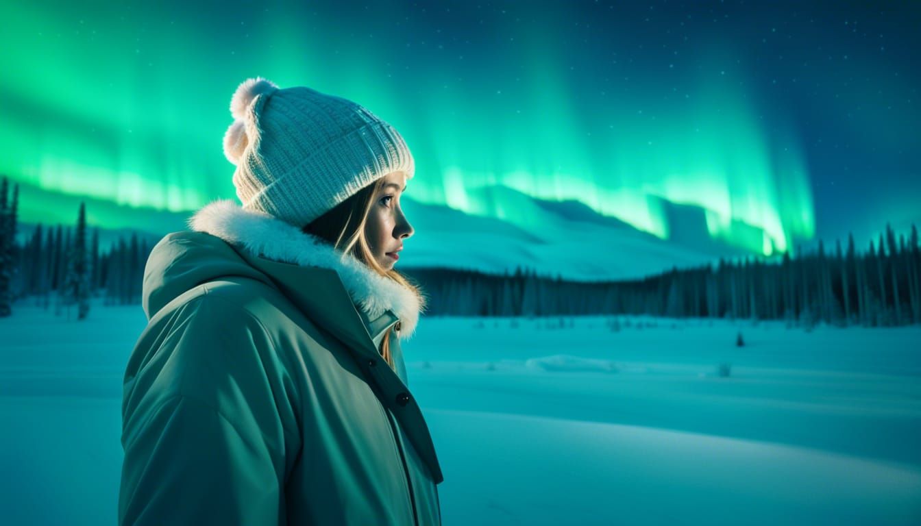 Woman Films Aurora Borealis in Winter Wonderland
