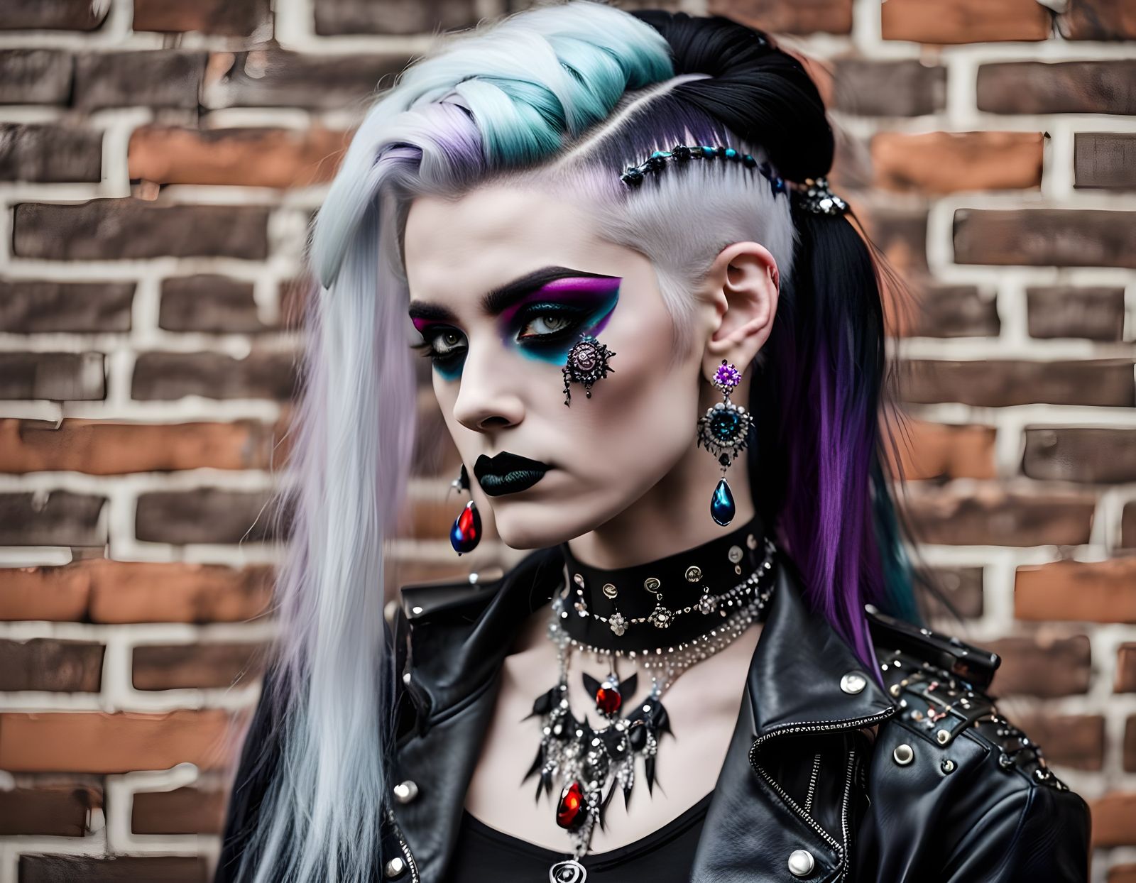 Goth Woman in Punk Style Against Brick Wall