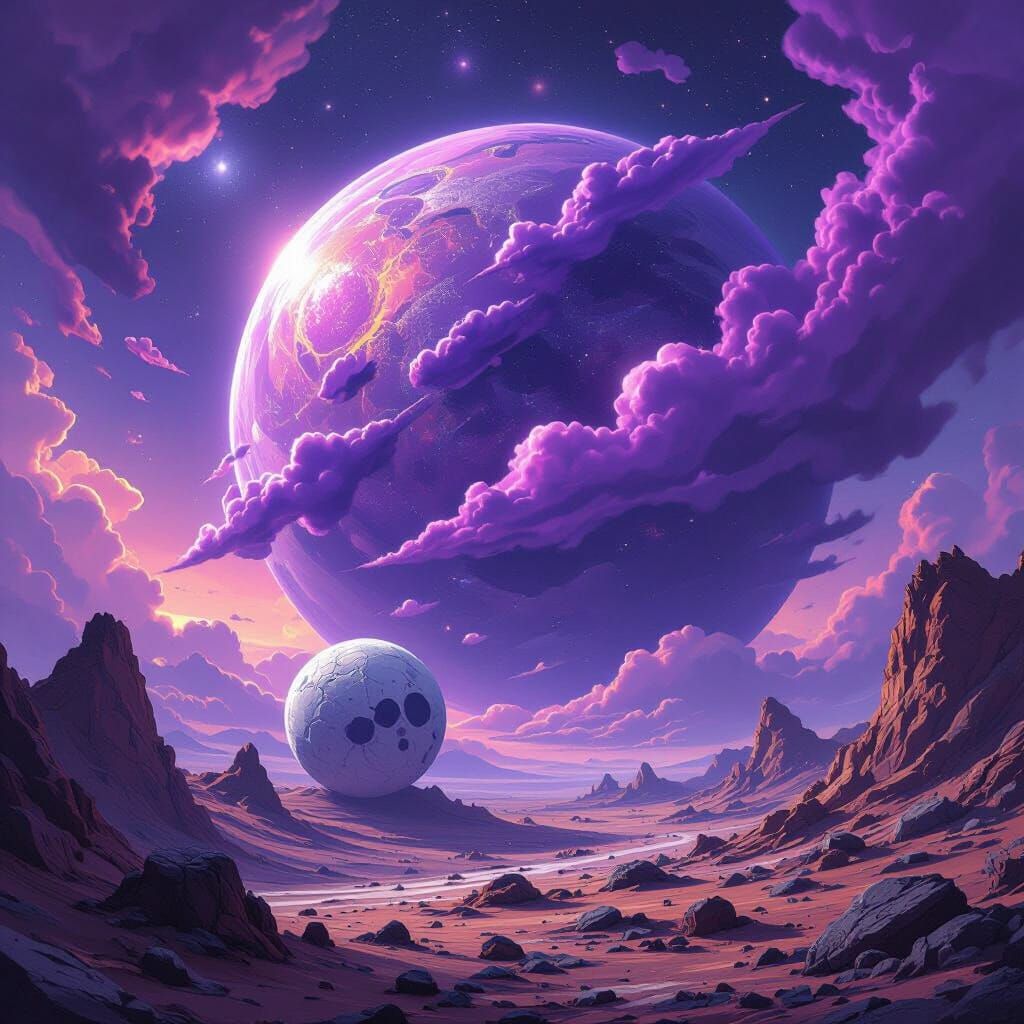 Cosmic Planet Engulfing Moon in Digital Art Style