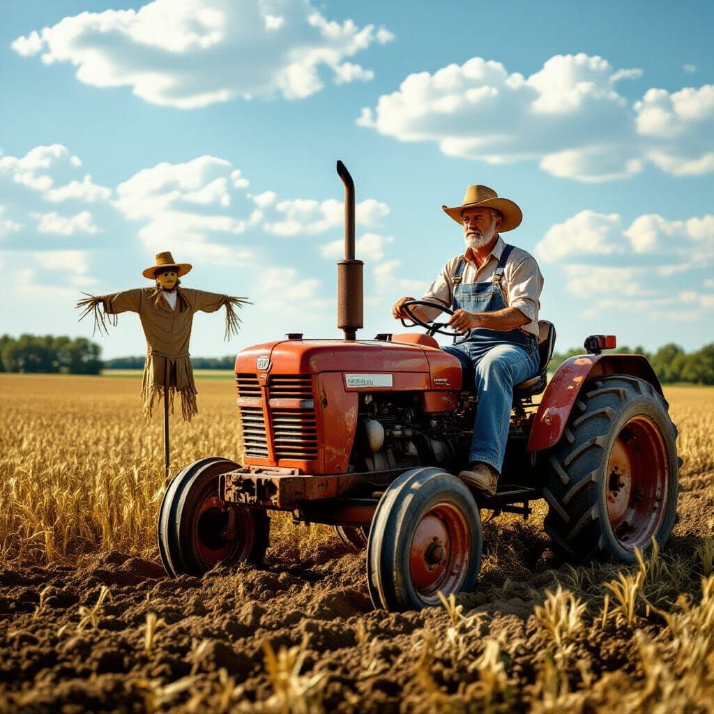 Farmer Plowing Field on Tractor in Photorealistic Style
