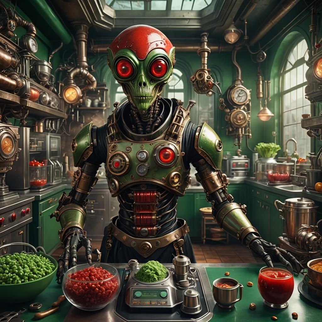 Steampunk Alien in Futuristic Kitchen