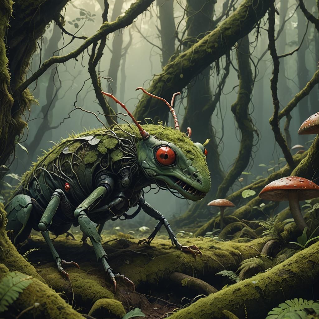 Lizard-Ant Hybrid in Ancient Forest, Matte Painting