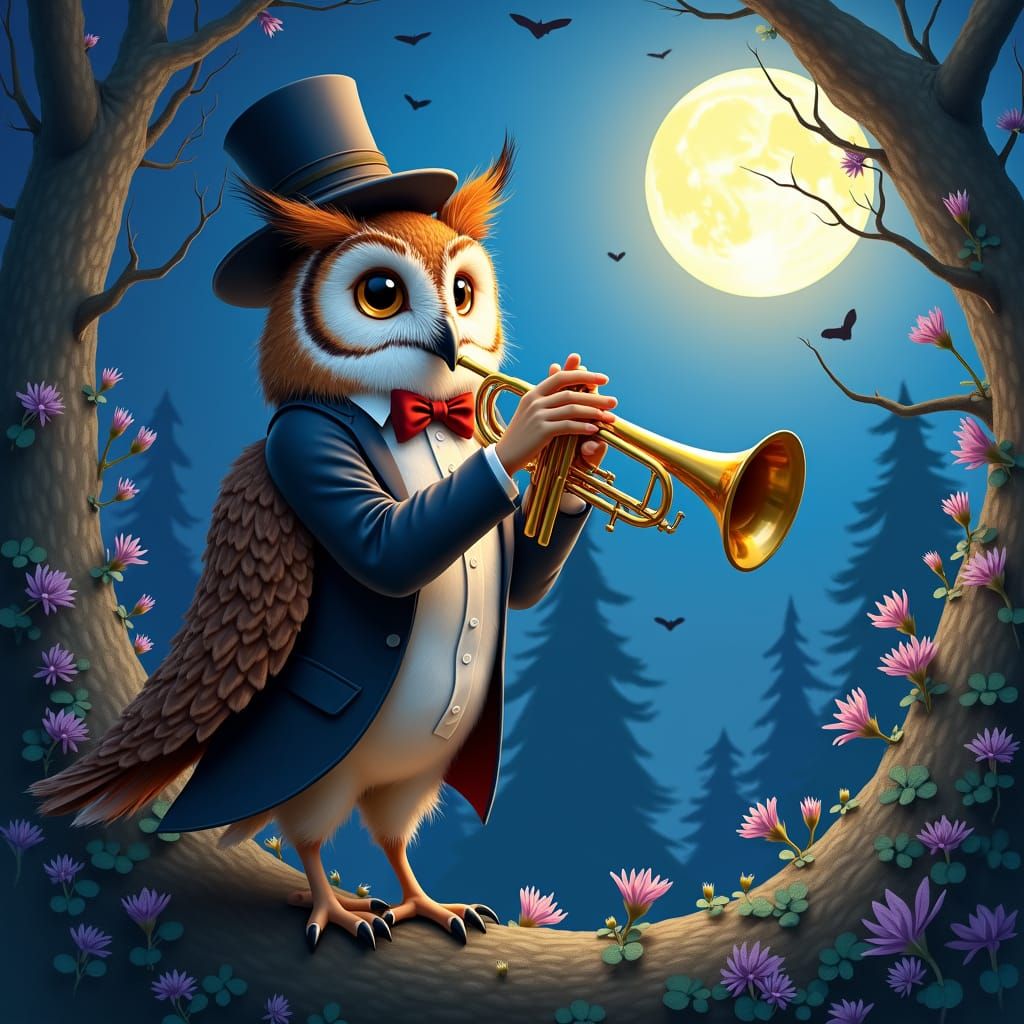 A whimsical scene featuring an owl blowing the trumpet under a moonlit night