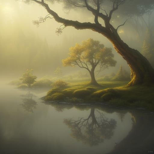Ethereal Small Tree in Misty, Golden Light