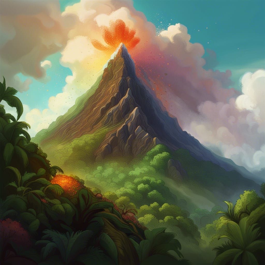 Lush Volcano with Mystical Cloud Cover