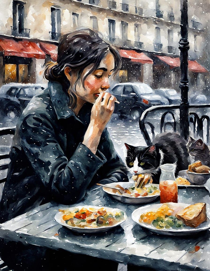 Parisian Woman's Rainy Lunch with Cats: Impressionist Style