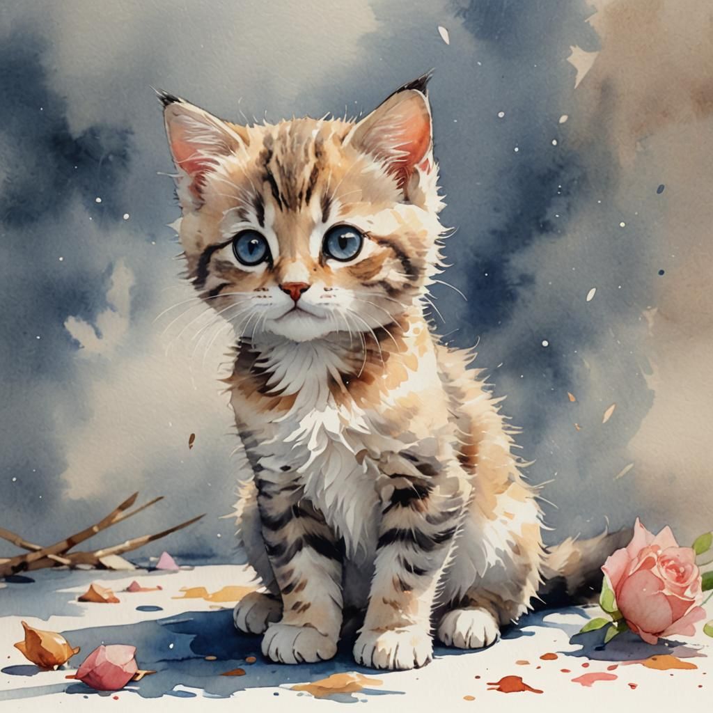 Cute Kitten Watercolor in Anime Style