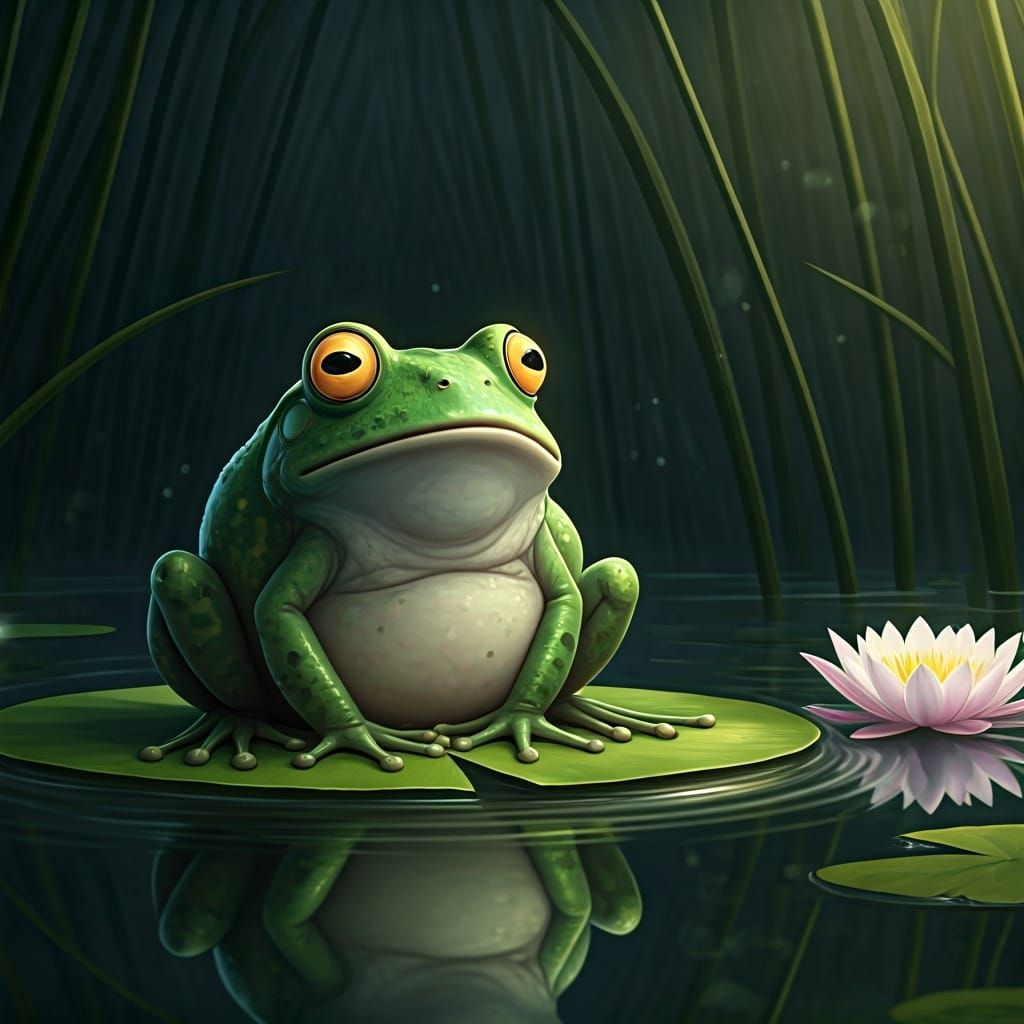 Startled Frog in Pond, Hyperdetailed Action Painting