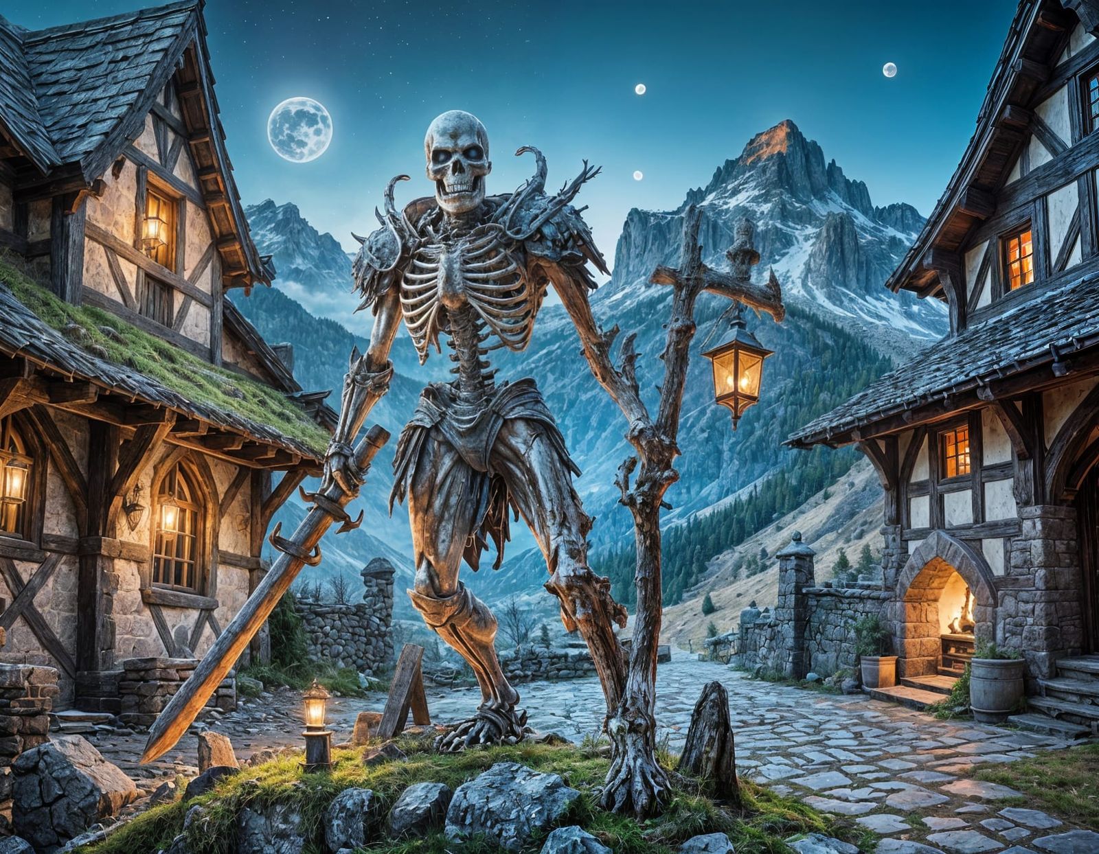 Moss Warrior Stands Guard Before Medieval Inn