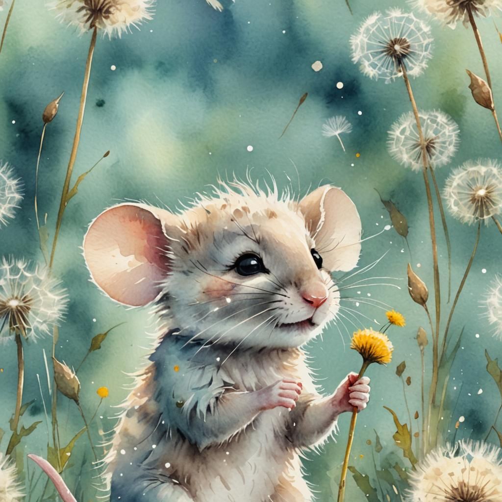 Fluffy Mouse Holding Dandelion in Watercolor Style