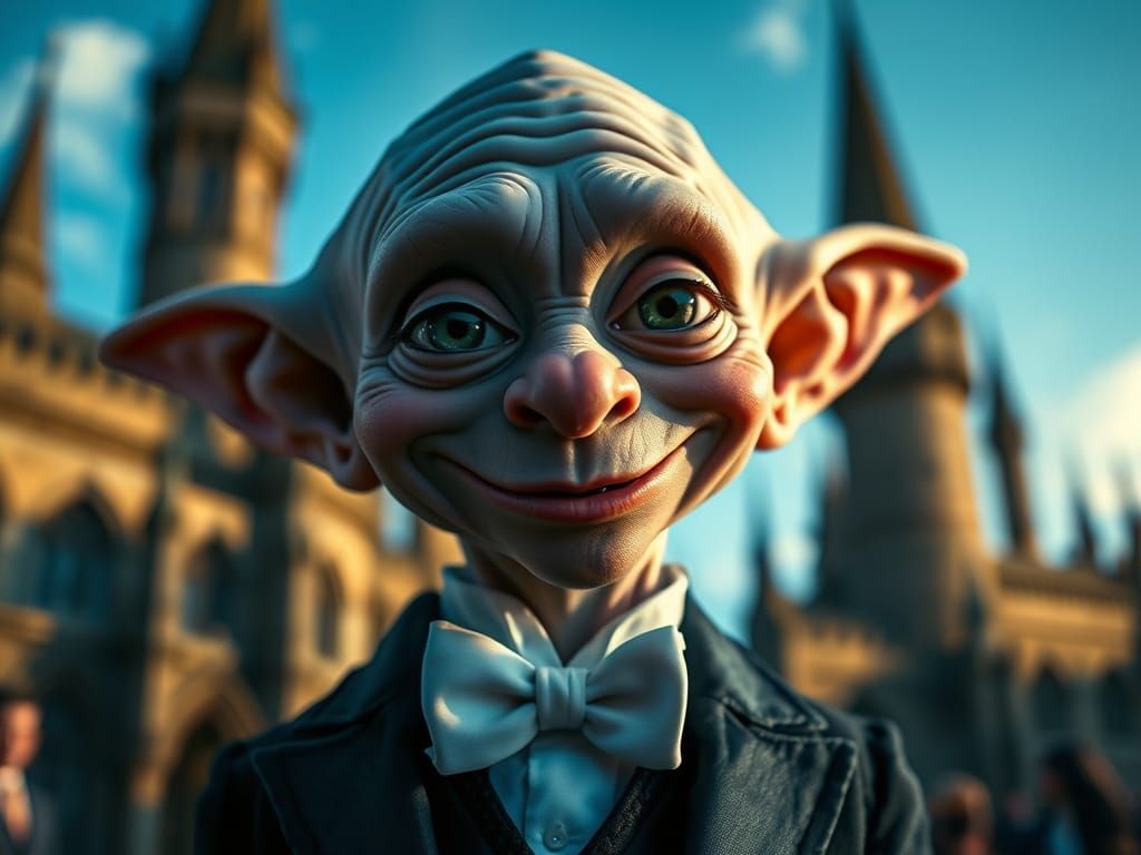 Elegant Portrait of Dobby the Elf in Tuxedo, Hogwarts Backgr...