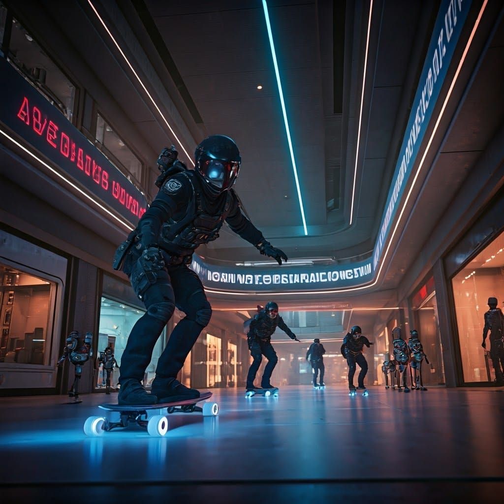 Police Officers Ride Rocket Skateboards in a Futuristic Shop...