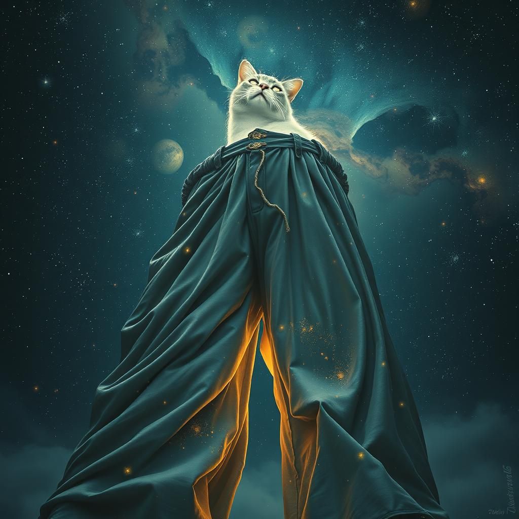 Luminous Feline in Cosmic Pants Under Starry Sky