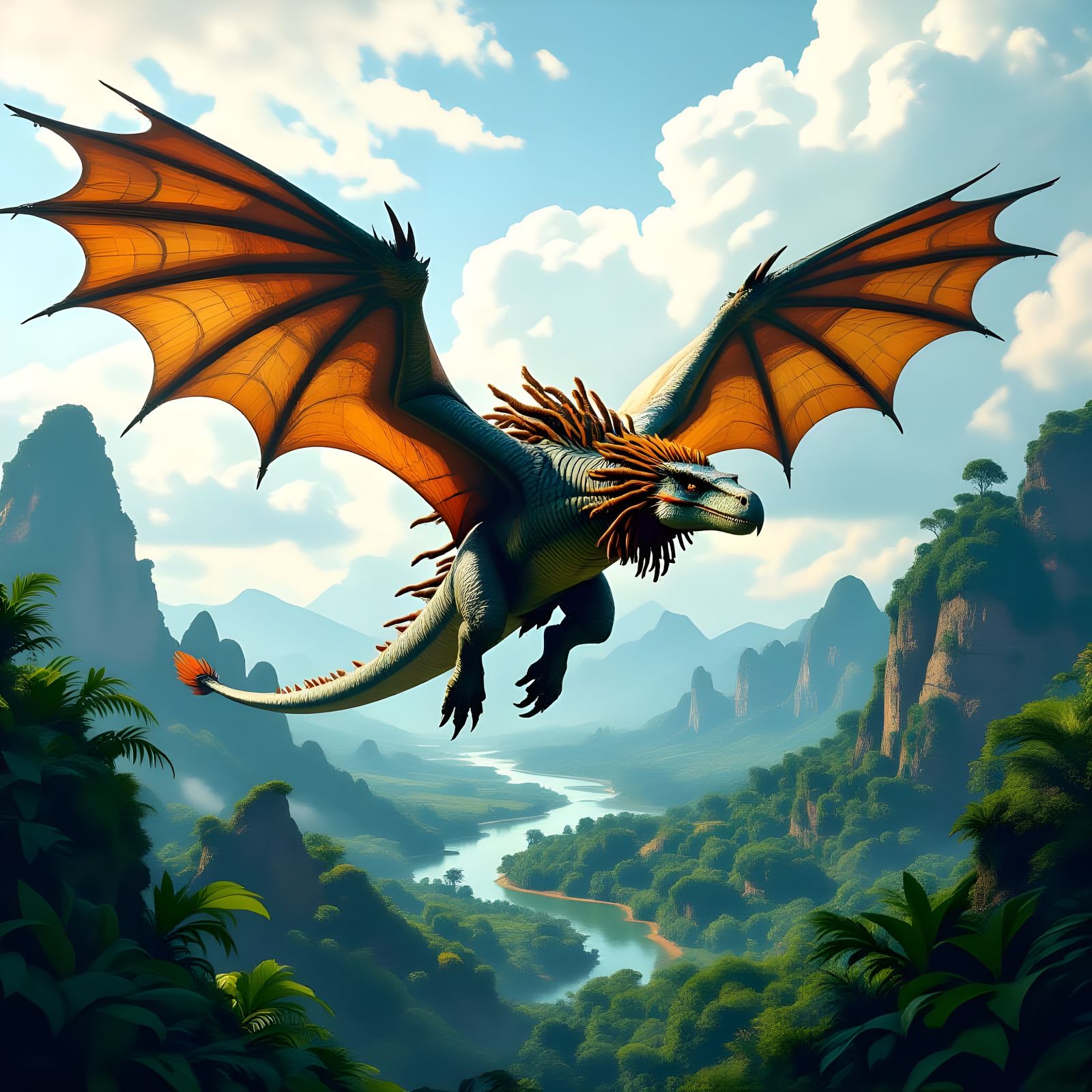 Winged Dinosaur with Dreadlocks Flies Over Prehistoric Land