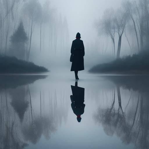 Surreal Woman Reflecting in Misty Lake