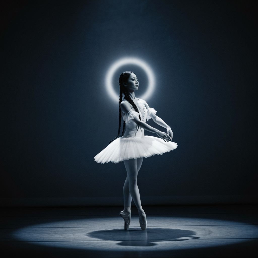 Ballerina in White Tutu on Misty Stage