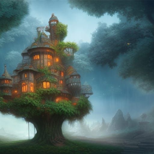 Fantastical Tree House Castle Matte Painting