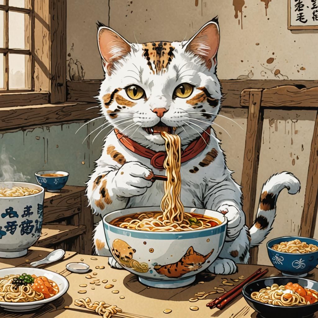 Cat Eating Ramen in Manga Style