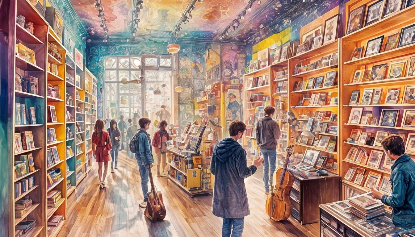 Hazy Street Scene: Multidimensional Music Store