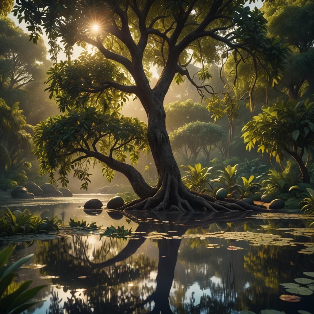 Avocado Tree Beside Pond in Cinematic Style