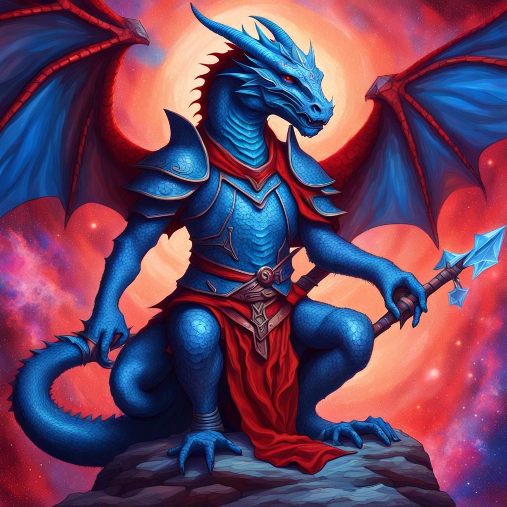 Blue and Red Dragonborn in Cosmic Astral Illustration