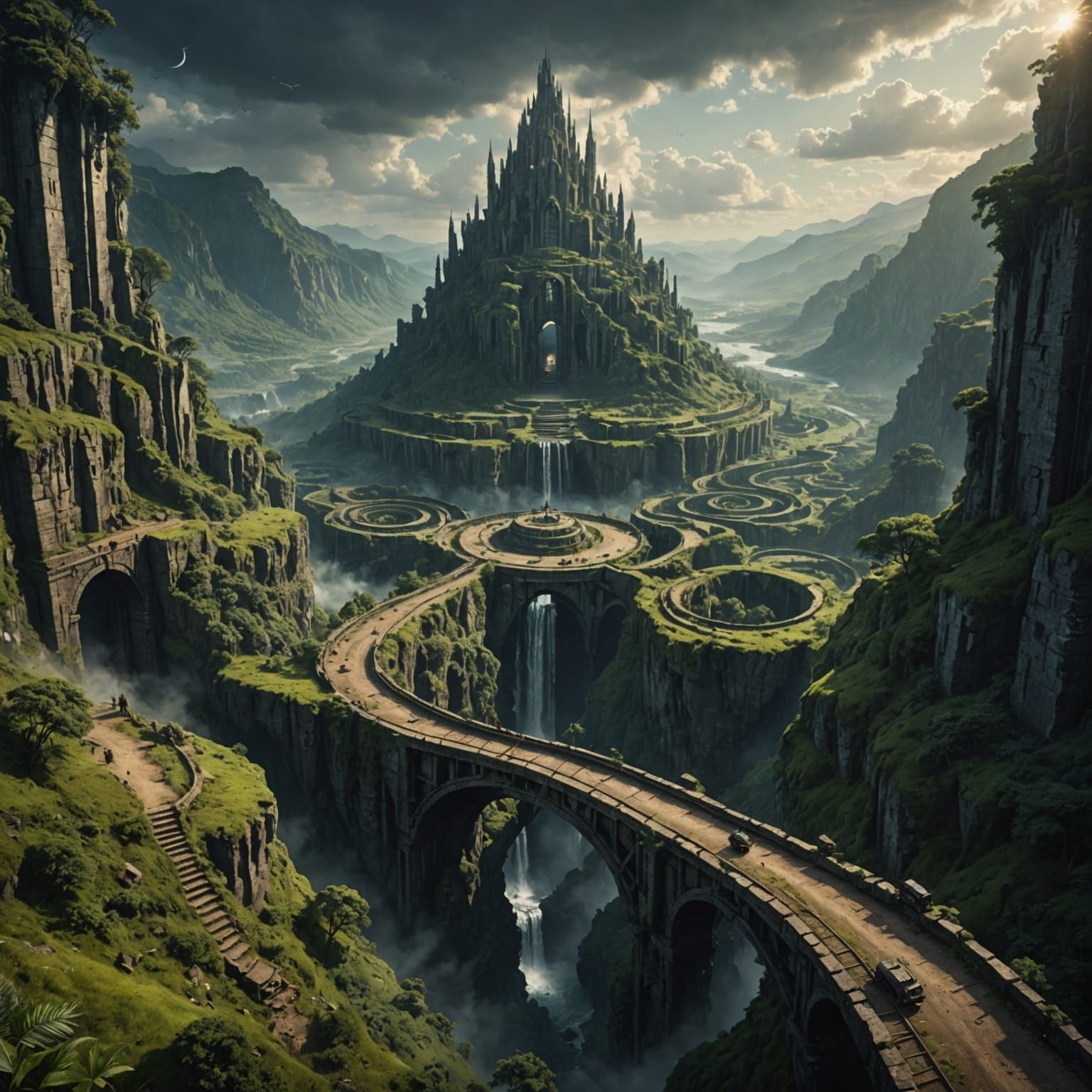 Bustling Lost City in Crater with Spiral Road