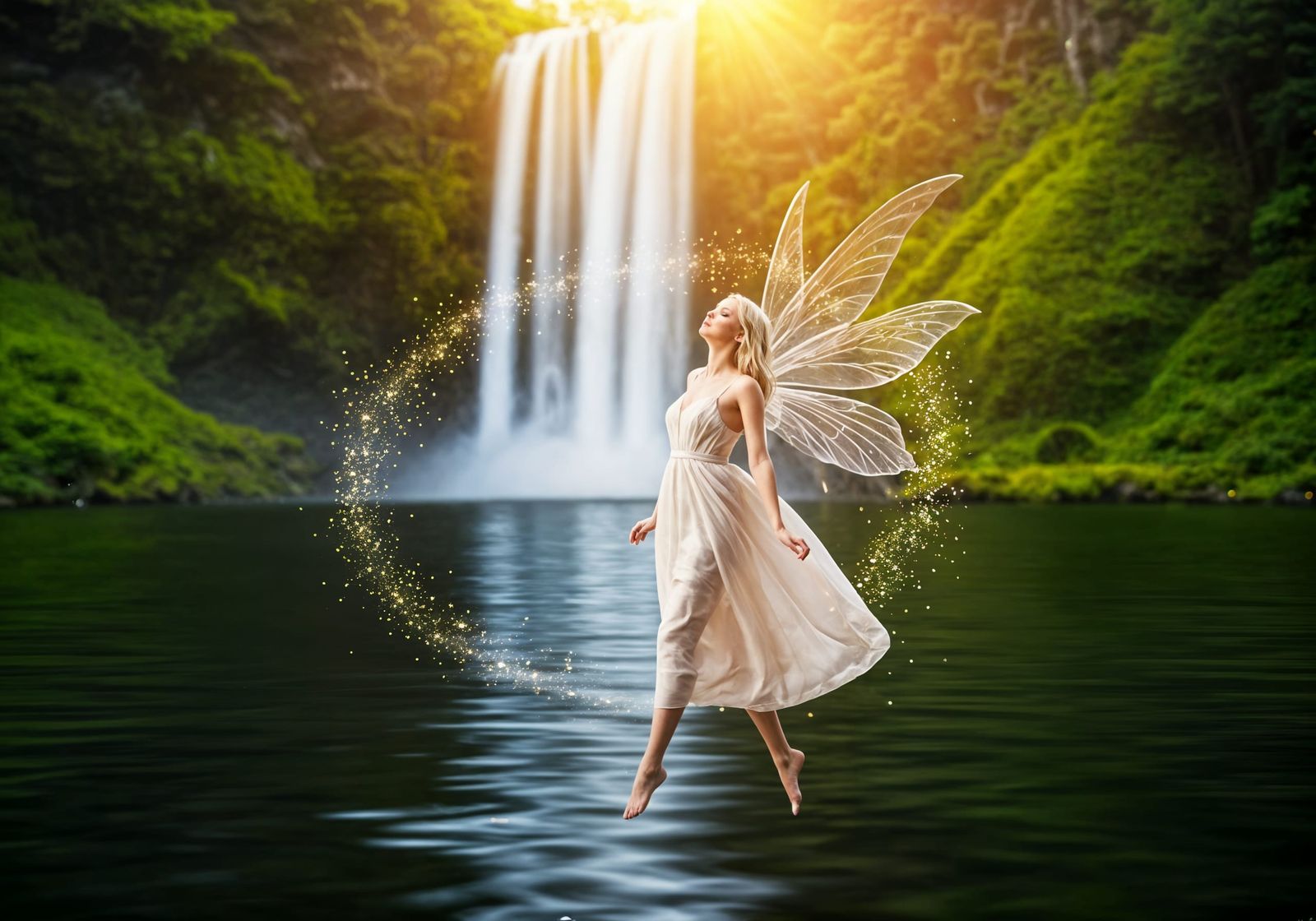 Urban Fairy Floating Over Lake With Waterfall